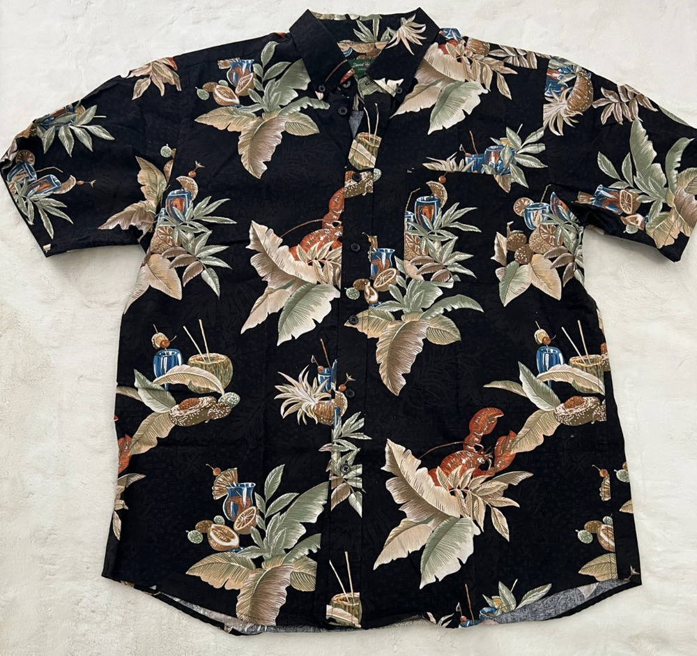 David Taylor Mens Hawaiian Shirt L Black Tropical Cocktail Rayon Cotton Button